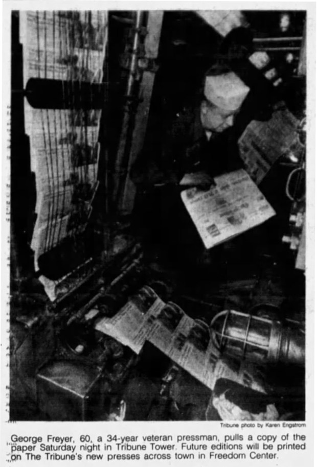 Printing presses rumbled inside Tribune Tower at 435 N. Michigan Ave., Chicago from 1925 until Sept. 18, 1982. That's when operations moved to the Chicago Tribune's Freedom Center on the north branch of the Chicago River. (Chicago Tribune)