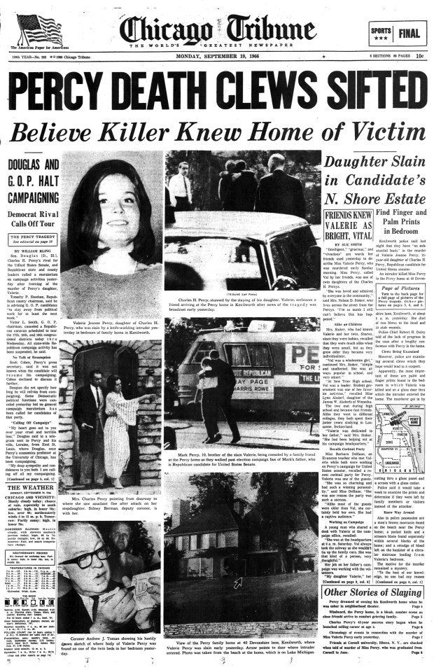 Valerie Jeanne Percy, the 21-year-old daughter of Republican U.S. Senate candidate Charles "Chuck" Percy, was beaten and stabbed to death on Sept. 18, 1966 in the family's Kenilworth home. (Chicago Tribune)