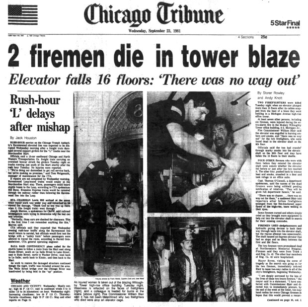 Firemen used sledgehammers and hydraulic prying devices to hack their way through walls into the elevator shaft at Willoughby Tower, 8 S. Michigan Ave., Chicago on Sept. 22, 1981. Two of their crew members Joseph Hitz and Craig McShane were trapped by an elevator that plunged more than 15 floors during a fire in the building and were killed. (Chicago Tribune)