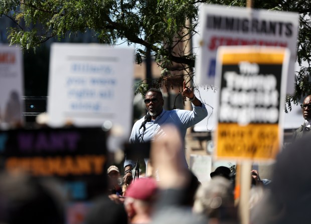 Mayor Brandon Johnson speaks during the Workers Over Billionaires rally in the West Loop on Sept. 1, 2025. (Eileen T. Meslar/Chicago Tribune)