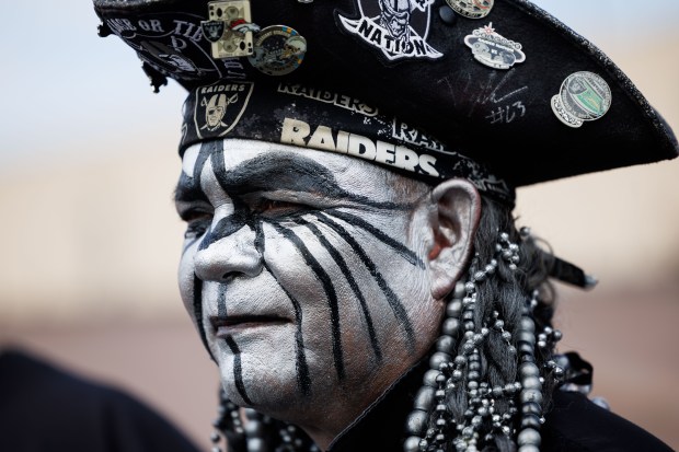 Las Vegas Raiders fan Michale Machado dresses as a pirate before the Bears play the Las Vegas Raiders at Allegiant Stadium Sunday Sept. 28, 2025, in Las Vegas. (Armando L. Sanchez/Chicago Tribune)