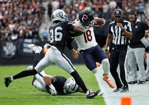 Las Vegas Raiders cornerback Kyu Blu Kelly (36) pushes Chicago...