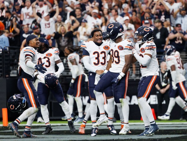 Chicago Bears cornerback Josh Blackwell (39) celebrates after blocking a...