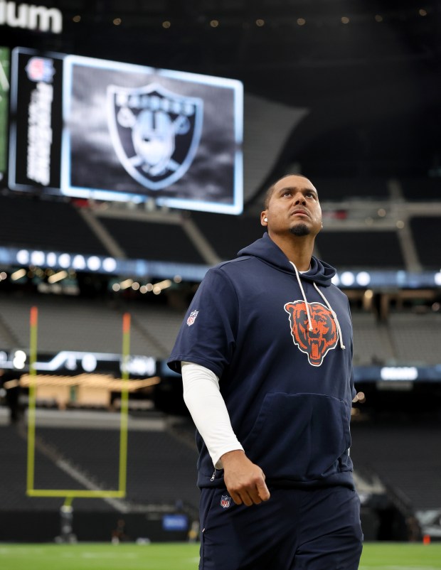 Chicago Bears General Manager Ryan Poles walks around the field prior to a game between the Bears and the Las Vegas Raiders at Allegiant Stadium in Las Vegas on Sept. 28, 2025. (Chris Sweda/Chicago Tribune)