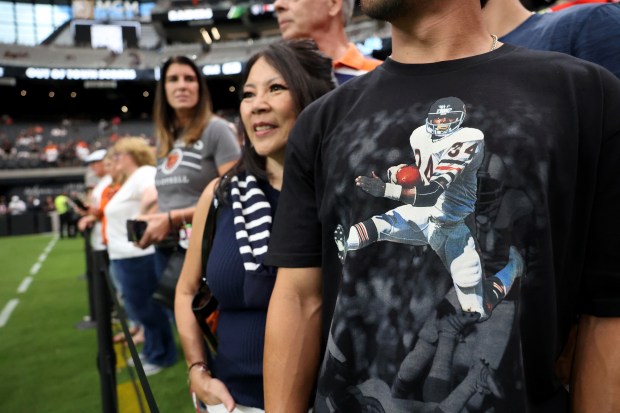 A Chicago Bears fan wearing a shirt adorned with an...