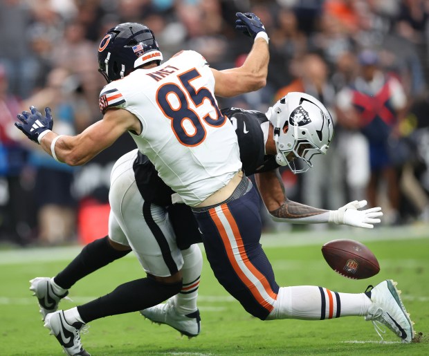 Chicago Bears tight end Cole Kmet (85) is unable to...