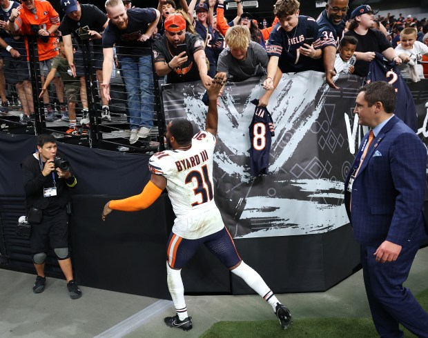 Chicago Bears free safety Kevin Byard (31) celebrates with fans...