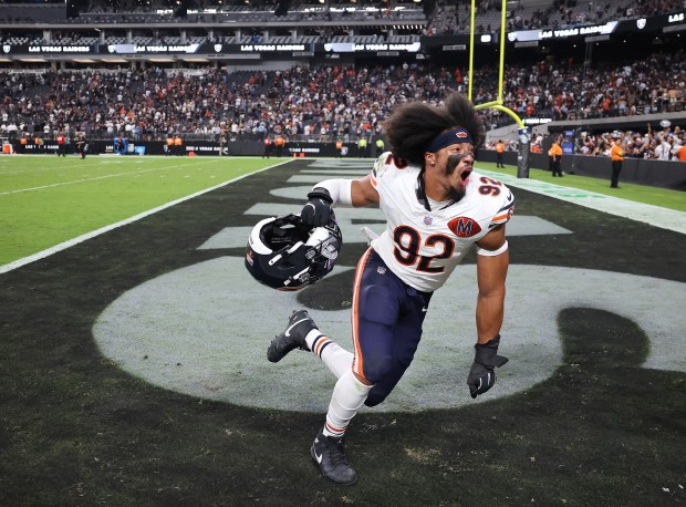 Chicago Bears defensive end Daniel Hardy (92) celebrates after a...