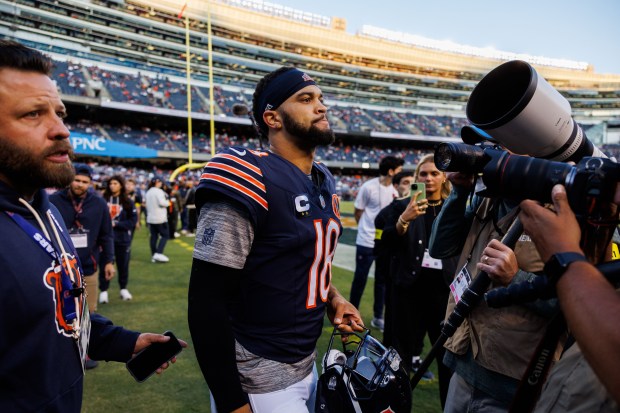 Chicago Bears quarterback Caleb Williams (18) walks on the field before the Bears play the Minnesota Vikings at Soldier Field on Sept. 8, 2025, in Chicago. (Armando L. Sanchez/Chicago Tribune)
