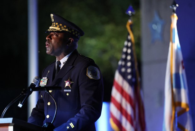Chicago Police Department superintendent Larry Snelling speaks during the Chicago Police Memorial Foundation's annual candlelight vigil on Sept. 10, 2025. The names of the 607 fallen Chicago police officers were read aloud during the ceremony. (Chris Sweda/Chicago Tribune)