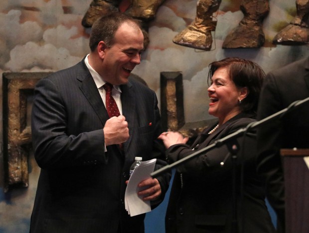 Candidate for Cook County Assessor Fritz Kaegi celebrates with "Chuy" Garcia's wife, Evelyn Chinea as he wins the nomination for Cook County Assessor on election night celebration, March 20, 2018 in Chicago. (Erin Hooley/Chicago Tribune)