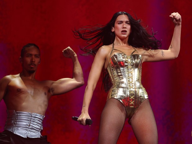Dua Lipa performs at the United Center in Chicago on Sept. 5, 2025. (Chris Sweda/Chicago Tribune)
