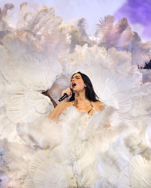 Dua Lipa performs at the United Center in Chicago on Friday, Sept. 5, 2025. (Chris Sweda/Chicago Tribune)
