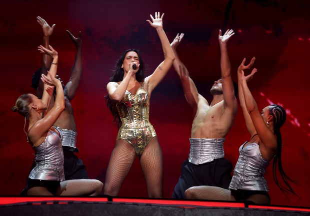 Dua Lipa performs at the United Center in Chicago on Sept. 5, 2025. (Chris Sweda/Chicago Tribune)