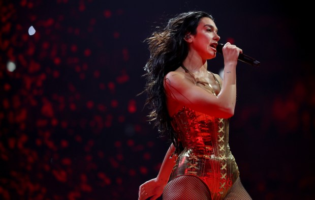 Dua Lipa performs at the United Center in Chicago on Sept. 5, 2025. (Chris Sweda/Chicago Tribune)