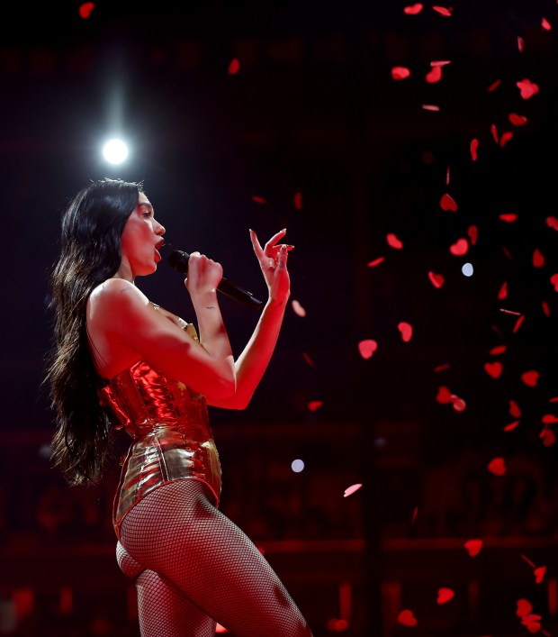 Dua Lipa performs at the United Center in Chicago on Sept. 5, 2025. (Chris Sweda/Chicago Tribune)