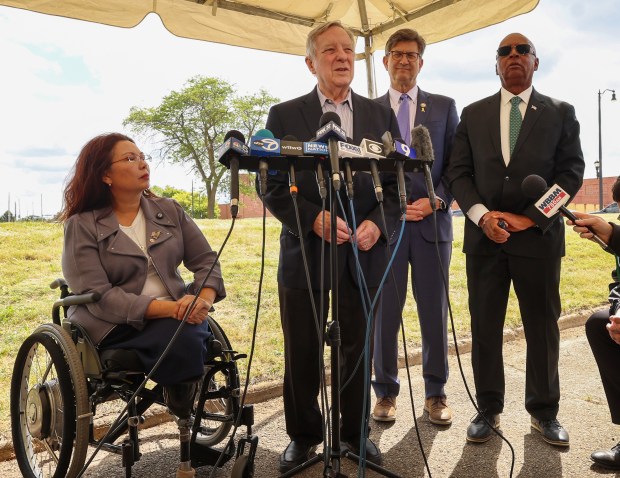 From left, U.S. Senator Tammy Duckworth, U.S. Senate Democratic Whip Dick Durbin, U.S. Representative Brad Schneider and North Chicago Mayor Leon Rockingham hold a press conference to discuss President Trump's plan to use Naval Station Great Lakes to house U.S. Immigration and Customs Enforcement (ICE) officers, on Sept 5, 2025, in North Chicago. (Stacey Wescott/Chicago Tribune)