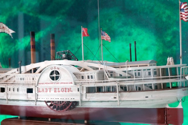 Replica of the Lady Elgin steamship on display at the Chicago Maritime Museum in Chicago on May 9, 2024. (Antonio Perez/Chicago Tribune)