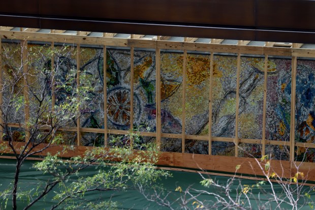 Marc Chagall's "The Four Seasons," was blocked off during construction at Chase Tower Plaza, in Chicago, on Oct. 19, 2024. (Antonio Perez/Chicago Tribune)