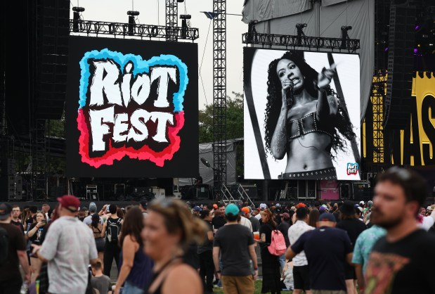 An image of Rico Nasty is cast on the big screen as she performs at Riot Fest in Chicago's Douglass Park on Friday, Sept. 19, 2025. (Chris Sweda/Chicago Tribune)