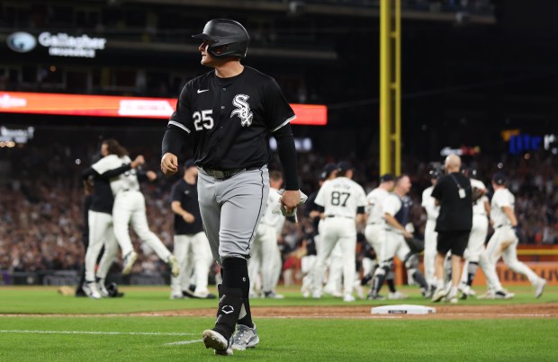 White Sox designated hitter Andrew Vaughn walks off the field after making the last out of the game as the Tigers celebrate their playoff berth following a 4-1 victory on Sept. 27, 2024, at Comerica Park in Detroit. (Chris Sweda/Chicago Tribune)