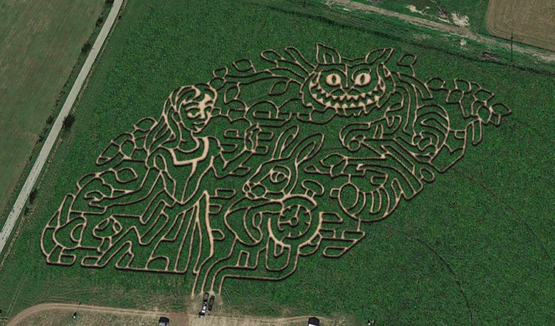 an aerial view of crop circles in an Alice in Wonderland design.