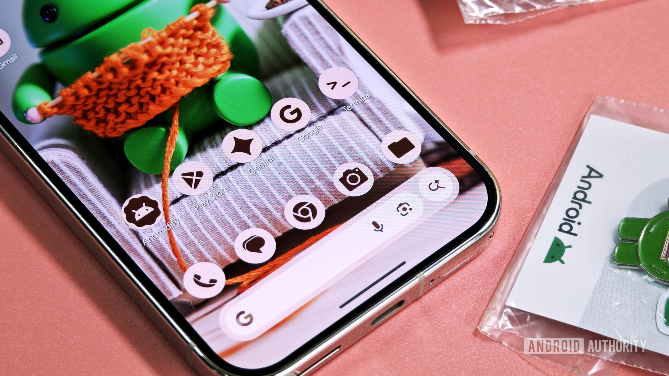 Closeup photo of Android phone home screen with themed icons