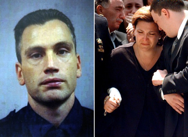 NYPD Police Officer Anthony Mosomillo, left, and his widow, Margaret Mosomillo, at the funeral for her husband in 1998. (NYPD; Mike Albans / New York Daily News)