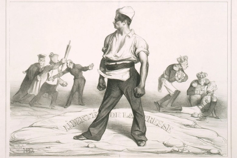 Honoré Daumier’s 1834 lithograph Ne vous y frottez pas!! Liberté de la presse leaves no question where the multifaceted artist stood on the matter of press freedom.