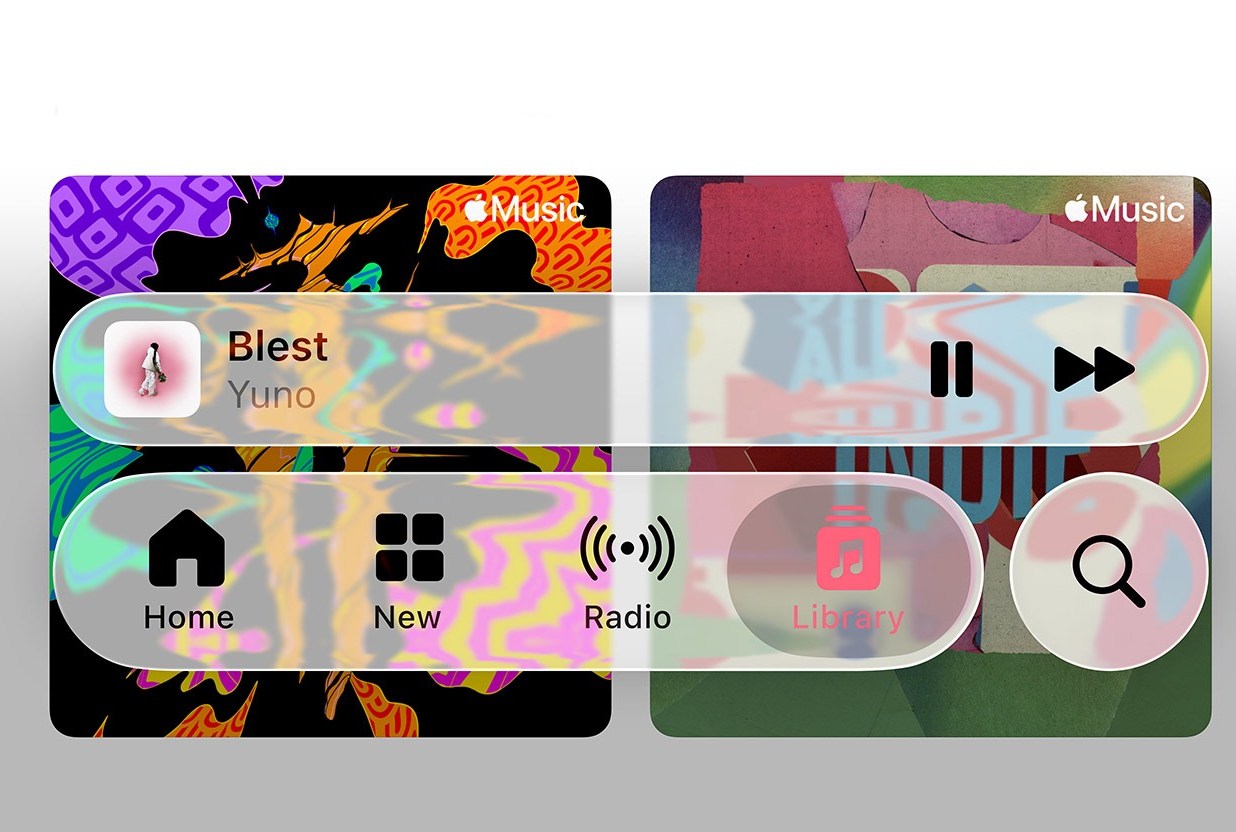 A screenshot of Liquid Glass in Apple Music,.