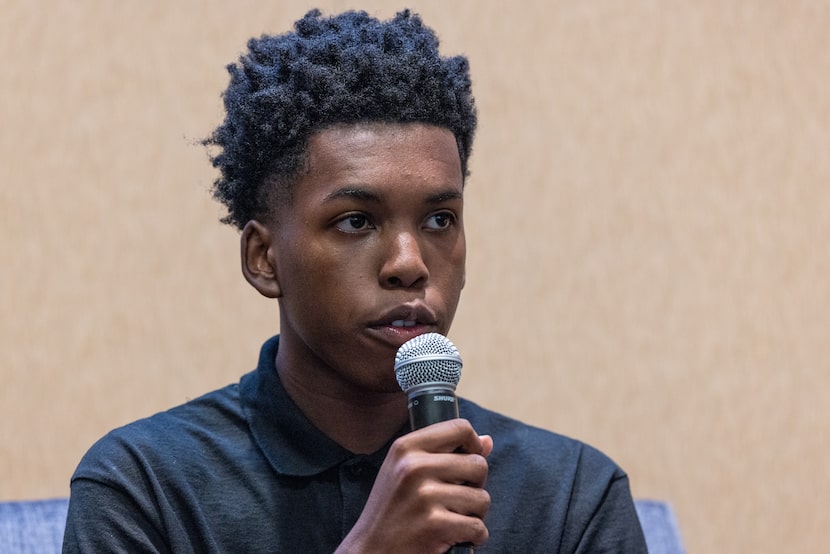 Elijah Armstrong, of Juan Seguin High School and Tarrant County College, speaks during a...