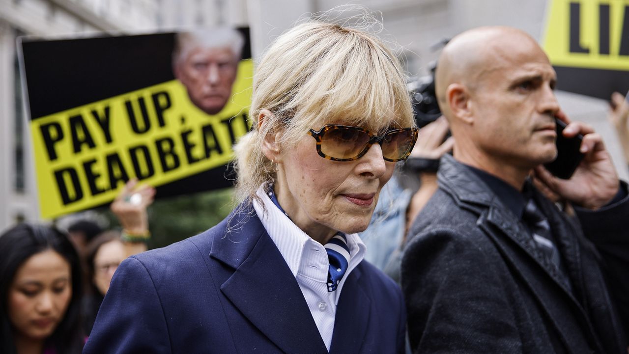 E. Jean Carroll exits the New York Federal Court after former President Donald Trump appeared in court, Friday, Sept. 6, 2024, in New York. (AP Photo/Eduardo Munoz Alvarez)