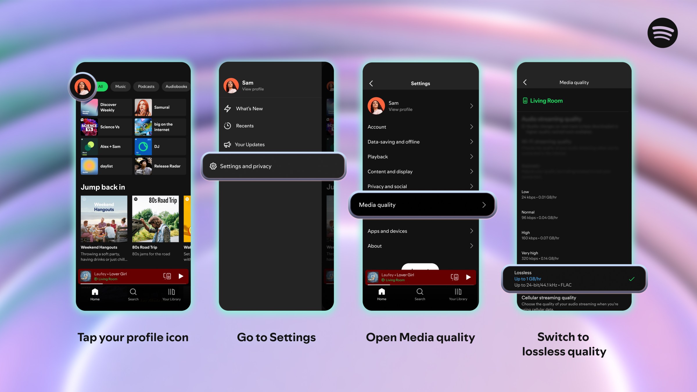 Illustration laying out how to enable lossless audio in your Spotify profile.