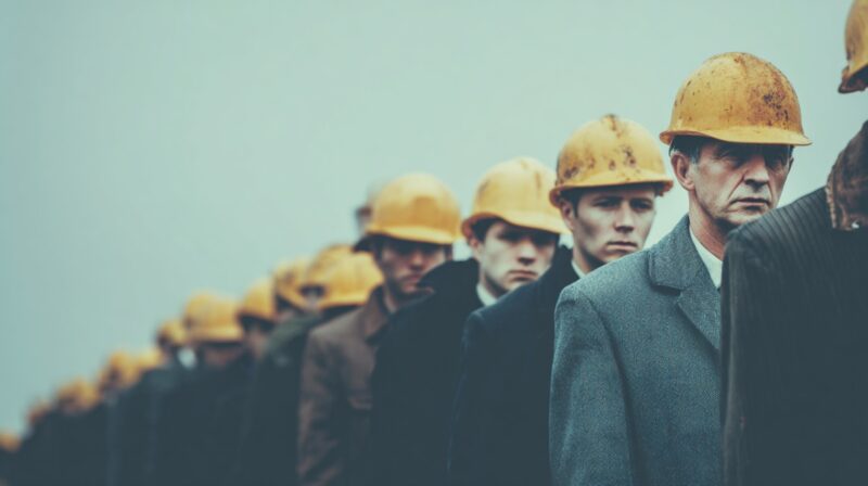 Line of workers wearing yellow hard hats, looking serious, symbolizing a slowdown in the labor market