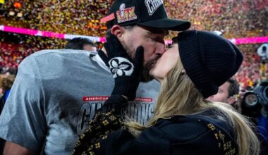 Kansas City Chiefs tight end Travis Kelce and Taylor Swift kiss after the AFC Championship NFL football game against the Buffalo Bills, Sunday, Jan. 26, 2025, in Kansas City, Mo. (AP Photo/Ashley Landis)