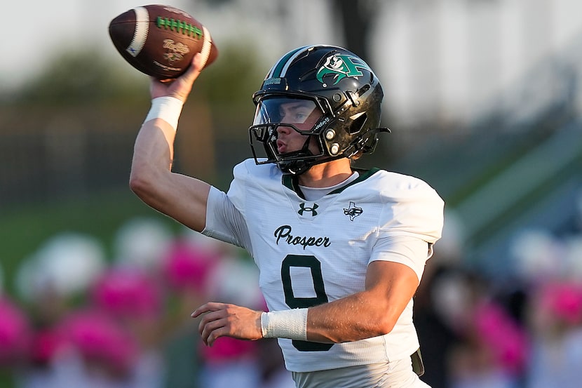 Prosper quarterback Braeden Imhoff throws a pass during the first half of a high school...