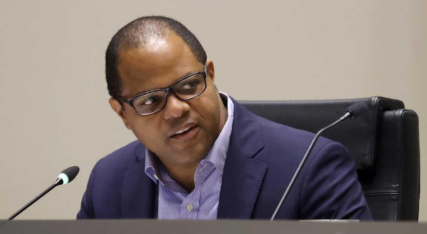Dallas Mayor Eric Johnson calls on a council member during a discussion on an amendment...