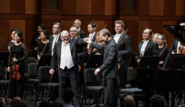 Music director Robert Spano, pianist Stephen Hough, and the Fort Worth Symphony Orchestra take a bow following Grieg's 'Piano Concerto in A minor.' (credit: Karen Almond)