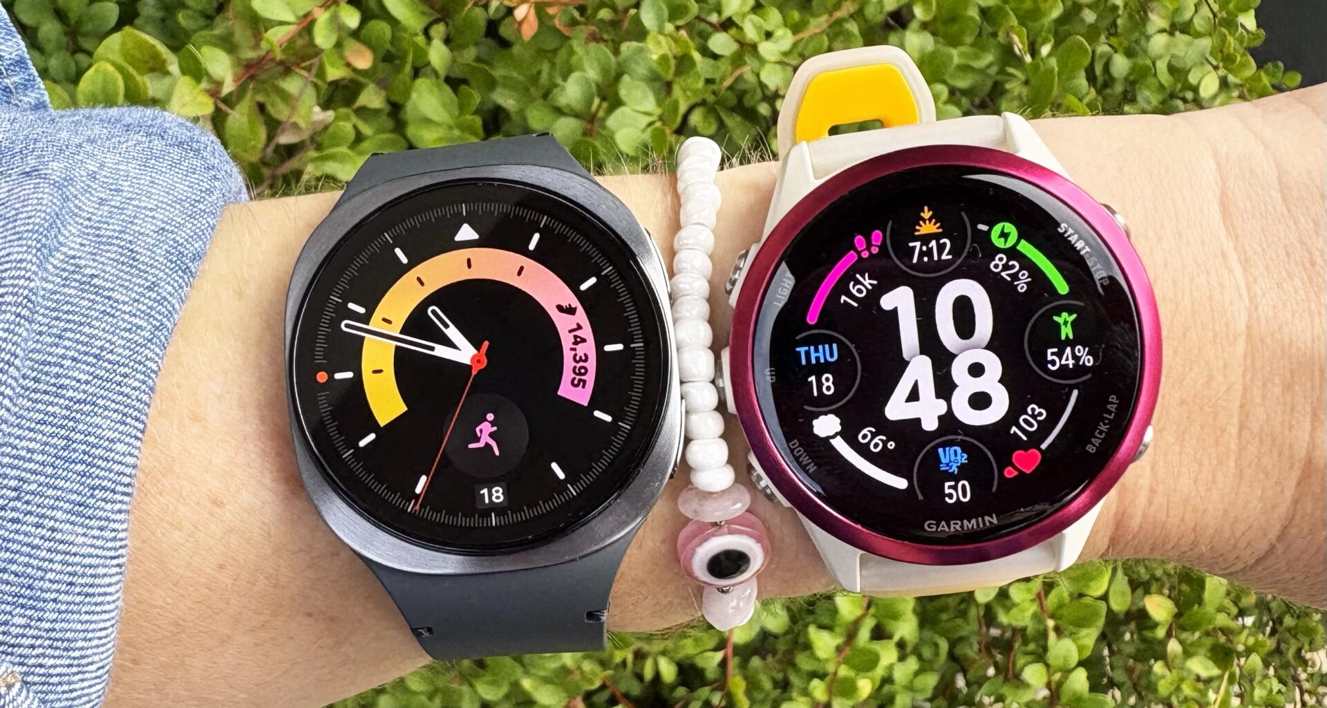 the Samsung Galaxy Watch 8 and Garmin Forerunner 570 on the wrist