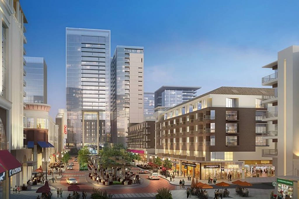 Rendering shows businesses, retail, and commercial development planned for Midtown Dallas.