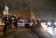 Police officers patrol the Deep Ellum neighborhood in Dallas, TX, on Nov 8, 2024.