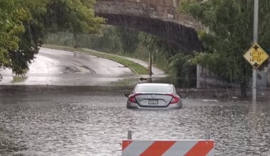 Saturday's severe storms caused some flash flooding in Worcester, above.