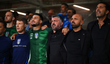 BERGAMO, ITALY - SEPTEMBER 05: Gennaro Gattuso, Head Coach of Italy during the National anthems prior to the FIFA World Cup 2026 qualifier match between Italy and Estonia at Stadio di Bergamo on September 05, 2025 in Bergamo, Italy. (Photo by Mattia Ozbot/Getty Images)