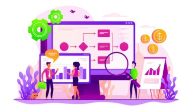 Business process organization and analytics. Business process visualization and representation, automated workflow system concept. Vector concept creative illustration