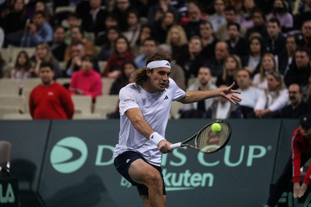 Stefanos Tsitsipas in action at the 2023 Davis Cup against Ecuador