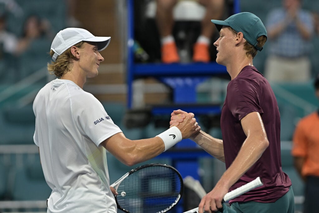 Jannik Sinner wins his match against Emil Ruusuvuori (FIN) at the Miami Open on March 29, 2023 at Hard Rock Stadium in Miami Gardens.