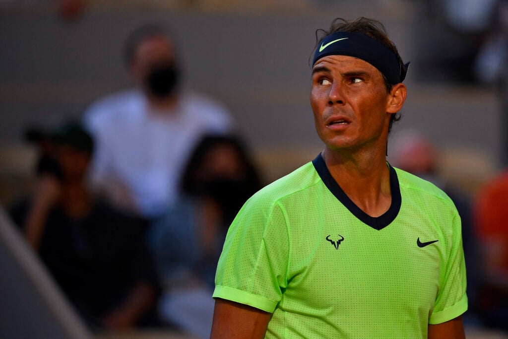 Rafael Nadal looks on at the 2021 French Open.