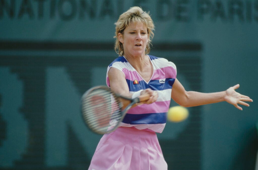Chris Evert hits a forehand at the 1987 French Open