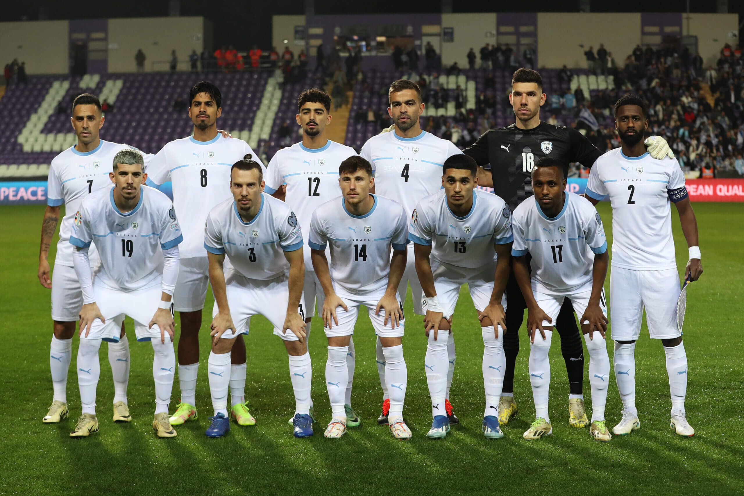 The Israeli men's team before their European Championship 2024 play-off against Iceland last year (David Balogh - UEFA/UEFA via Getty Images)
