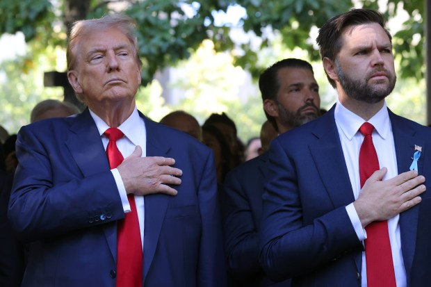 President Donald Trump, left, and J.D. Vance attend the annual 9/11 Commemoration Ceremony at the National 9/11 Memorial and Museum on September 11, 2024 in New York City. (Photo by Michael M. Santiago/Getty Images)